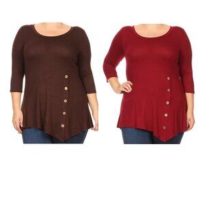 Women Plus Size Solid Button Asymmetric Knit Top Tee Blouse Shirt USA 2 PCS Set